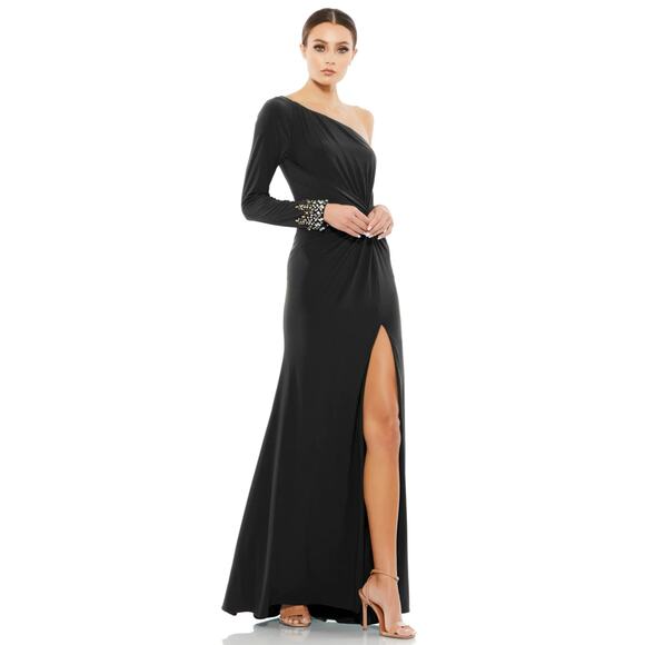 Mac Duggal 55696 Black One Shoulder Sleeve Beaded Cuff Side Twist Gown 14 NEW - Picture 1 of 8